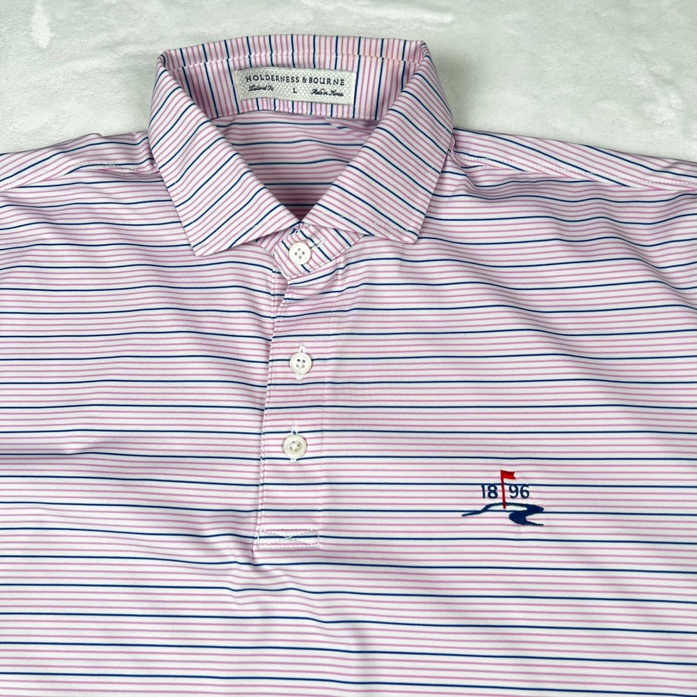 Holderness & Bourne Mens Tailored Fit Pink Navy Stripe Golf Polo Shirt Large L